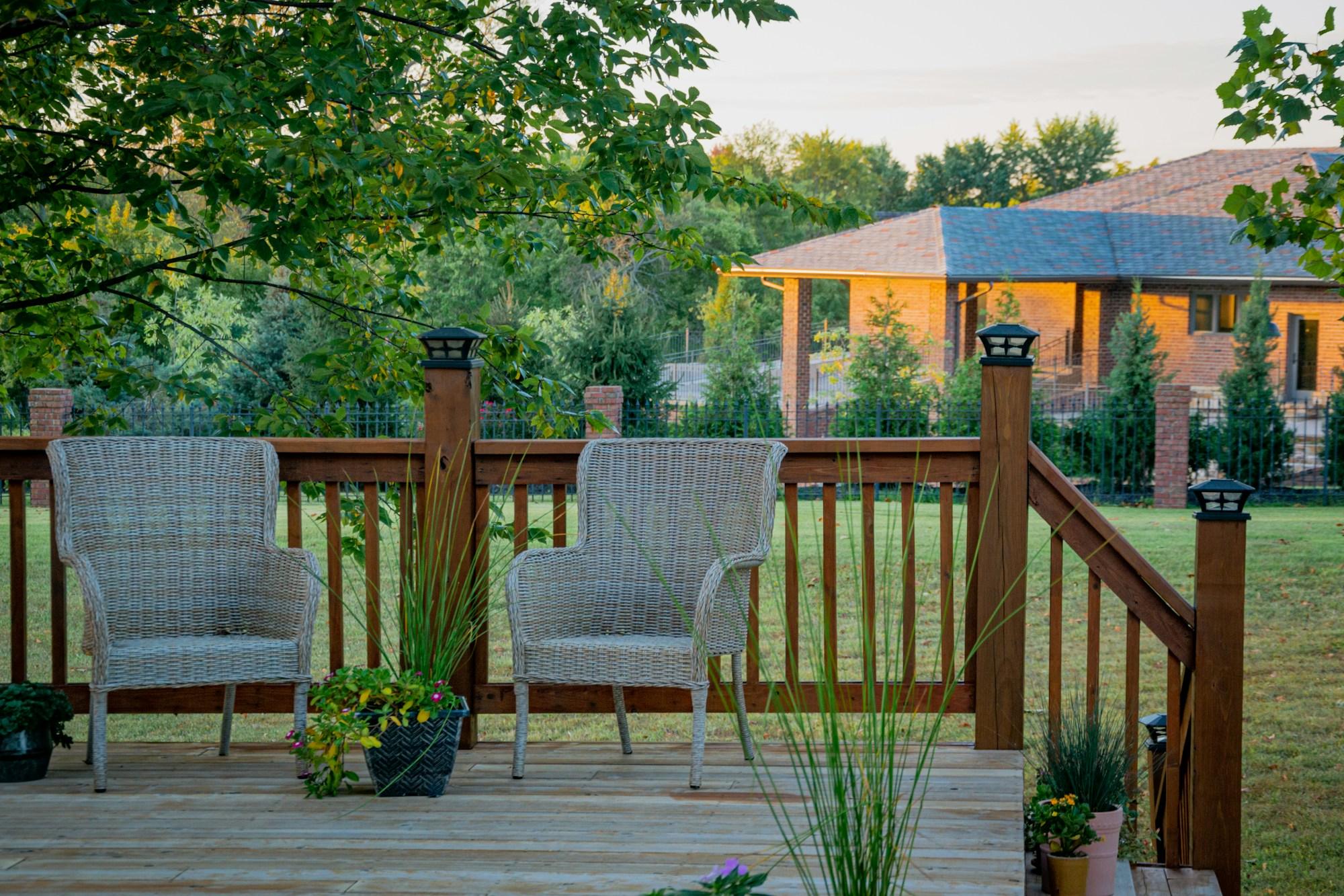 A wood deck at sunset