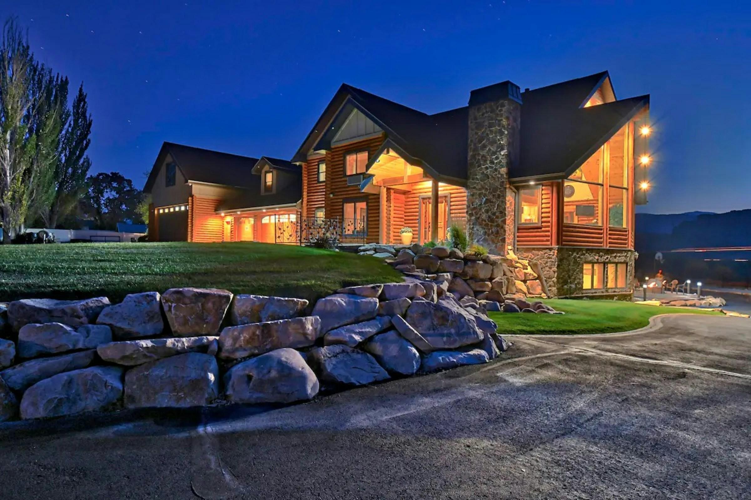 An outdoor living space with cedar and stone
